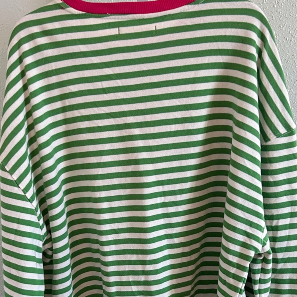 We The Free (Free People) Green and White Stripe Sweatshirt with Pink Trim - Picture 3 of 6